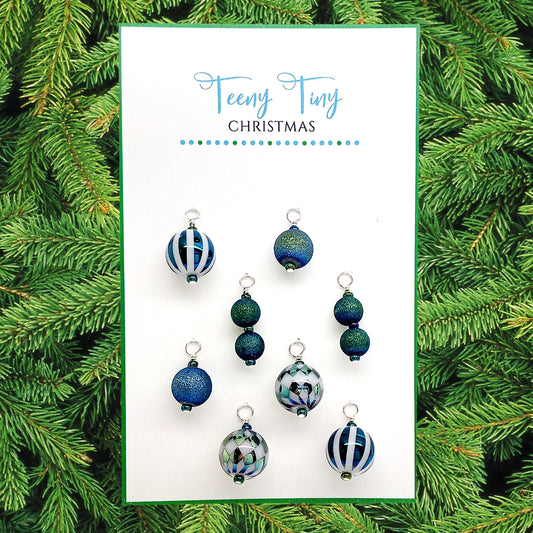 Miniature Christmas Ornaments, 8 pieces, Blue & Green Winter Balls