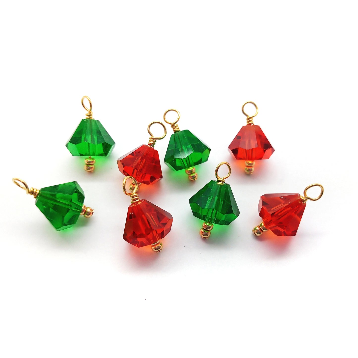 Miniature Christmas Ornaments, 8pc, Red & Green Glass Bells, 3/4 inch long