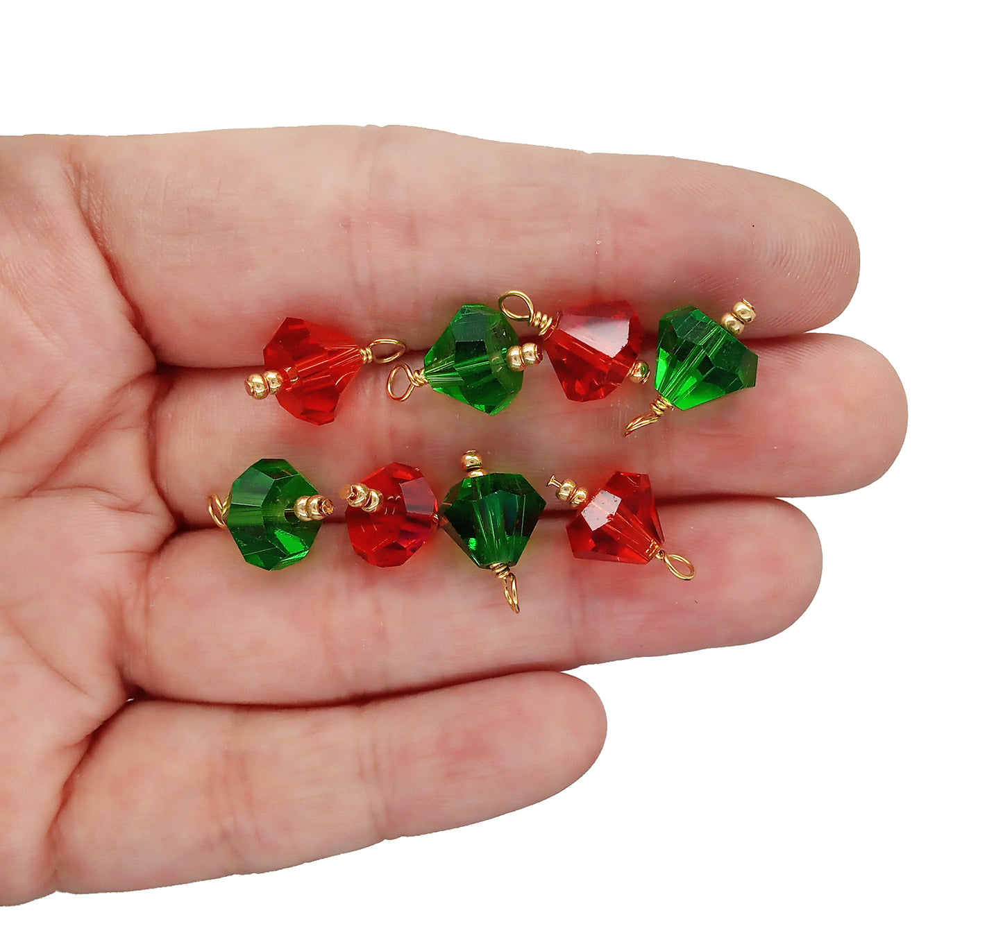 Miniature Christmas Ornaments, 8pc, Red & Green Glass Bells, 3/4 inch long