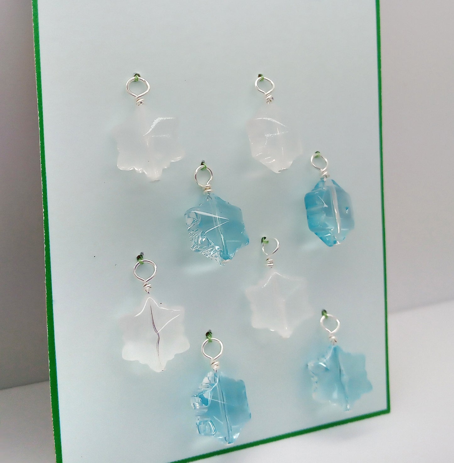 Mini Snowflake Christmas Tree Ornaments, 8 pc, Blue and White Glass