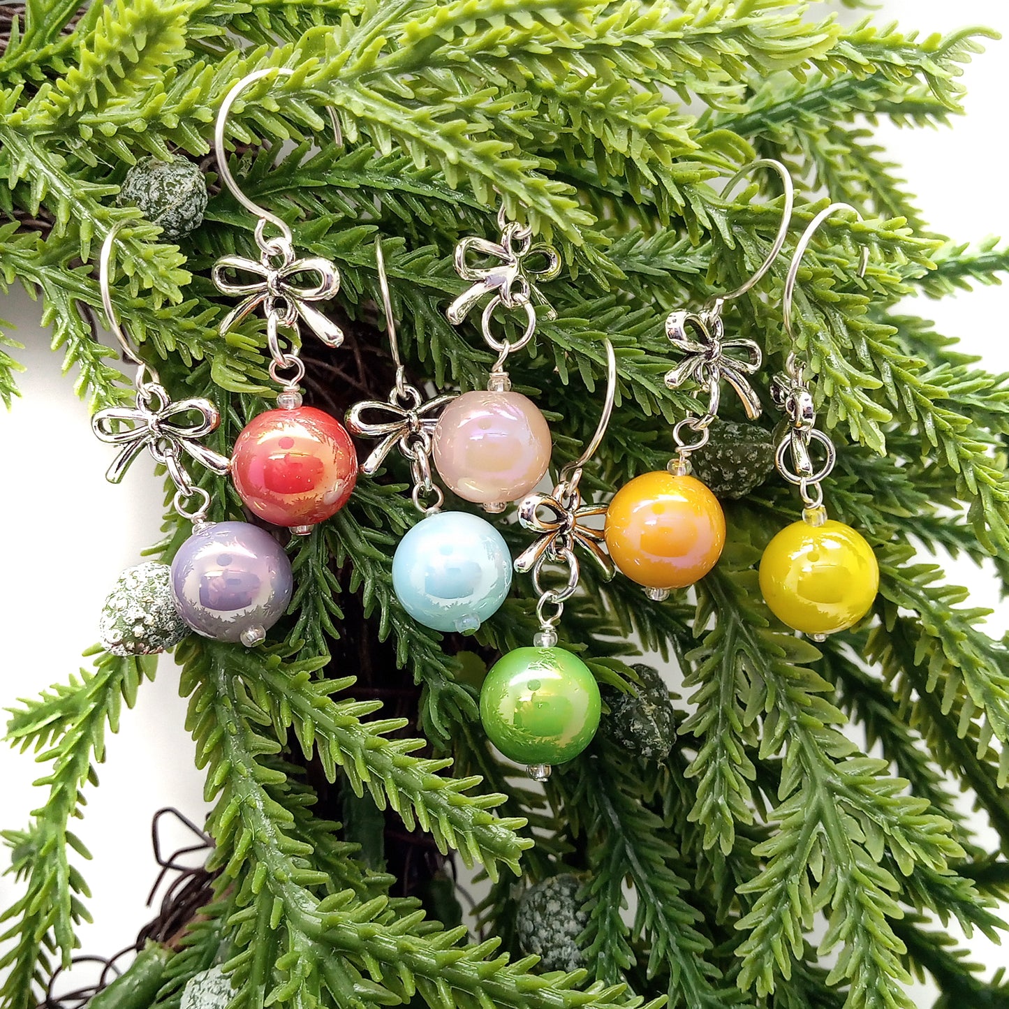 Miniature Ornaments with Bows, Rainbow Colors, 7 pc