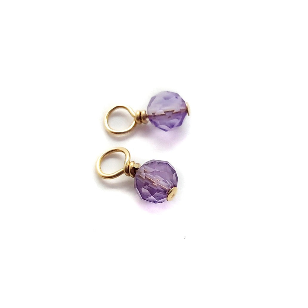 Pair of tiny 4mm amethyst faceted bead dangle charms for February birthstone jewelry.