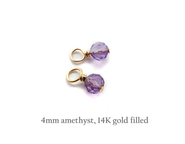 4mm Amethyst Bead Dangles with Gold Wire, February Birthstone Charms, Pair