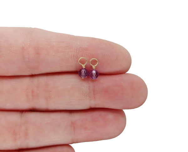 4mm Amethyst Bead Dangles with Gold Wire, February Birthstone Charms, Pair