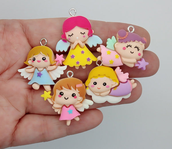 Fairy Charms, Cute Angel Cabochon Pendants, 5 pieces