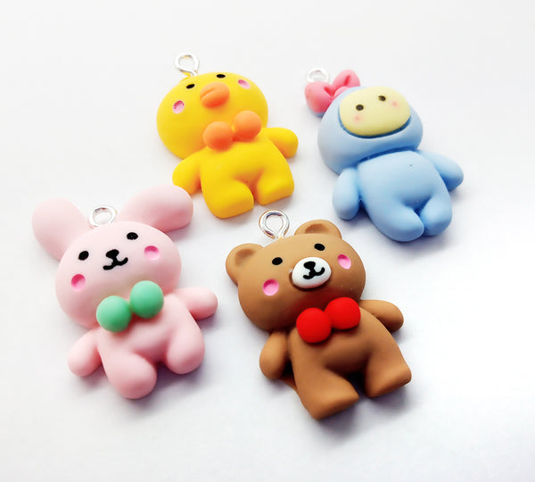 Cute Animal Charms, 5 piece Mix, Includes Frog Rabbit Chick & Bear