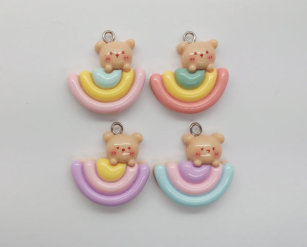 Cute Bears on Rainbow Charms, 4 piece mix, Kawaii Resin Pendant Set