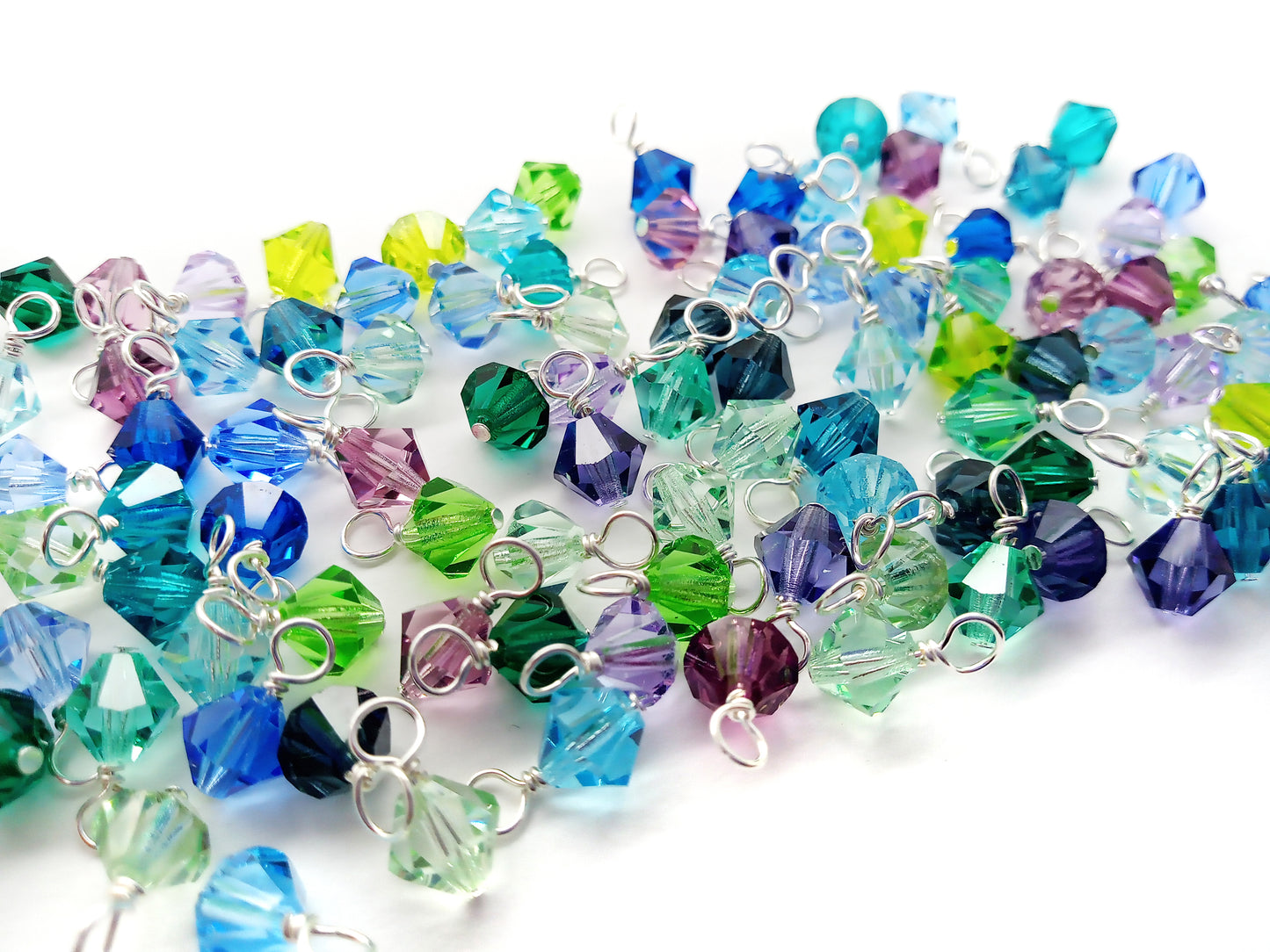 25 Bicone Dangles, Mix of Bead Charms in Blue, Green & Purple, 6mm Bicone Beads