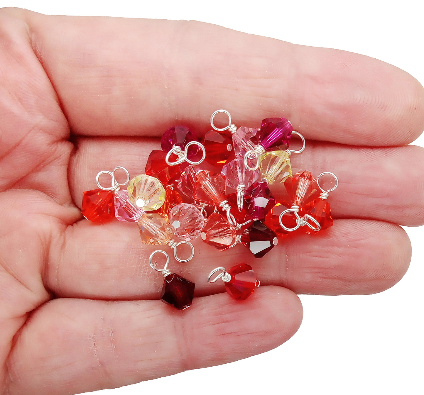 25 Bicone Dangles, Mix of Bead Charms in Red, Orange, Yellow & Pink, 6mm Bicone Beads