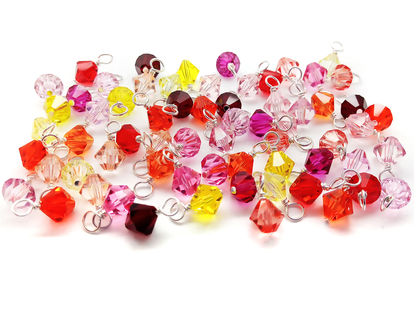 25 Bicone Dangles, Mix of Bead Charms in Red, Orange, Yellow & Pink, 6mm Bicone Beads