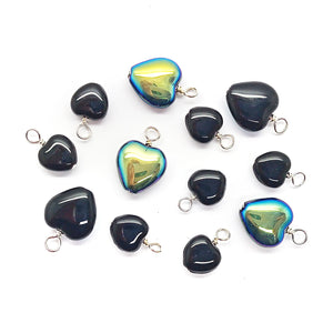 Pretty Black Heart Charms made from glass beads, some with AB coat.