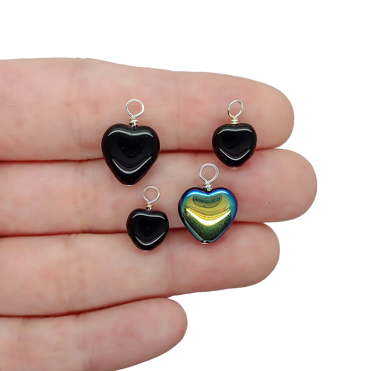 Black Heart Charms made from Glass Beads, 10 pieces