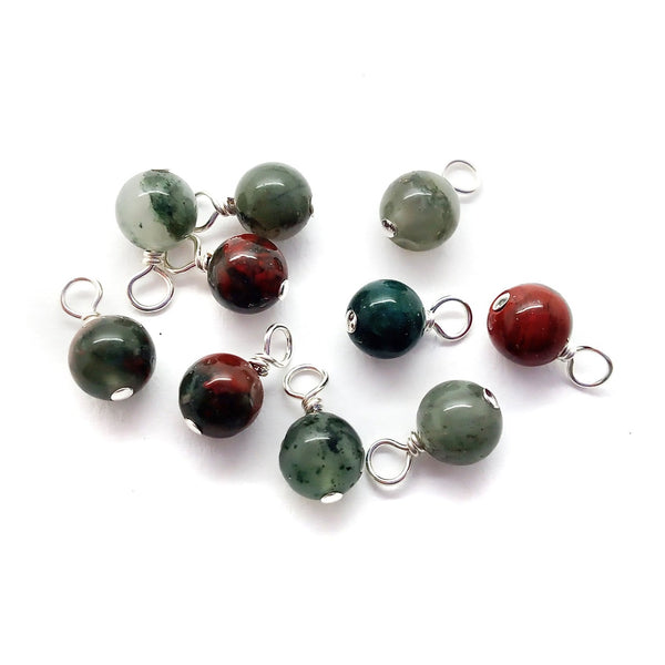 African bloodstone 6mm gemstone bead dangle charms in a mix of red and green.