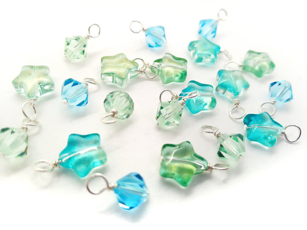 Aqua & Mint Star Charm Mix, Glass Bead Dangles, with Blue & Green Bicones, 16 pieces