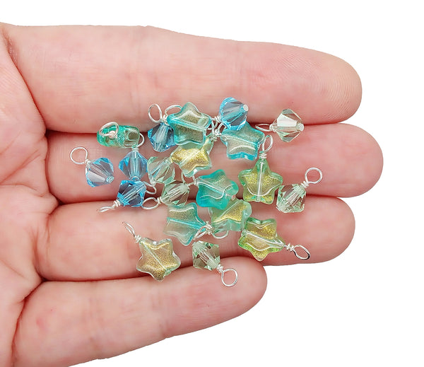 Aqua & Mint Star Charm Mix, Glass Bead Dangles, with Blue & Green Bicones, 16 pieces
