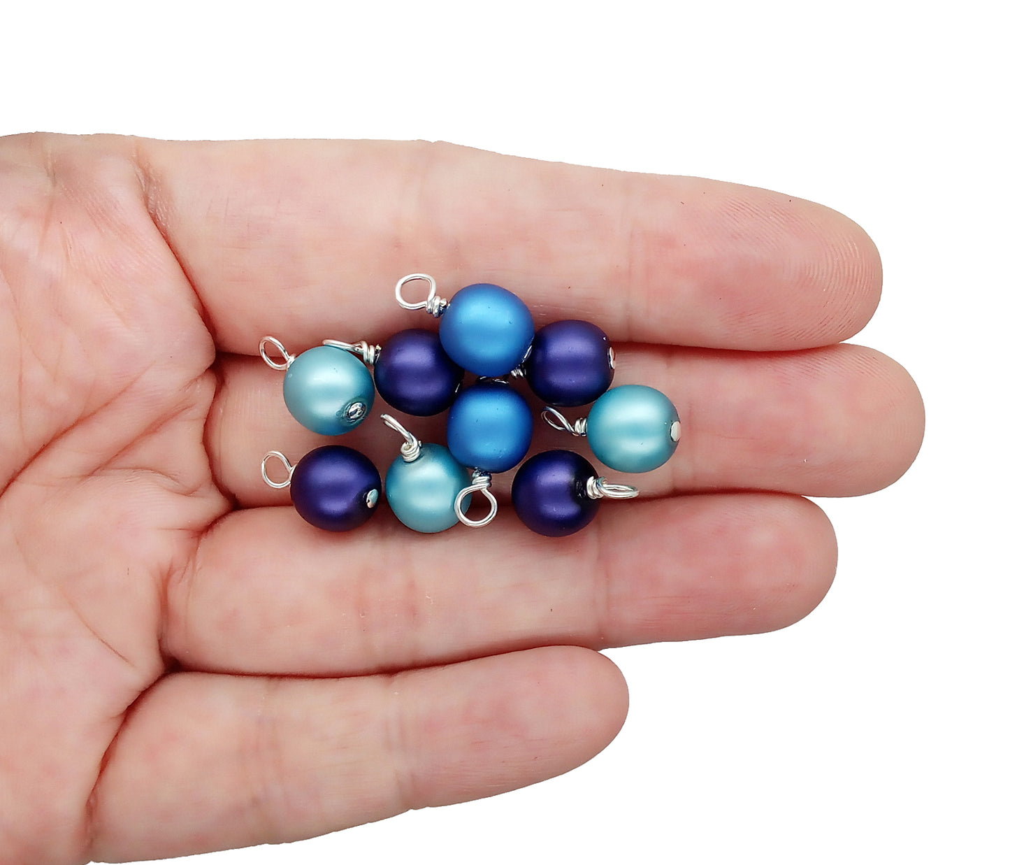 10 pc, Blue Purple and Aqua Glass Bead Dangles, Matte Faux Pearl Charms for Charm Bracelets