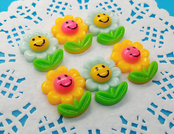 Happy Flower Cabochons, Set of 6 Cute Resin Flatbacks