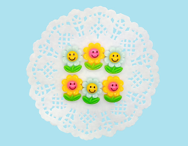Happy Flower Cabochons, Set of 6 Cute Resin Flatbacks