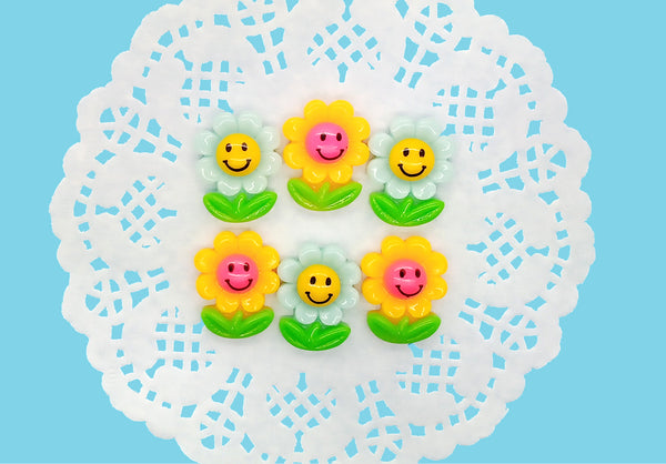 Happy Flower Cabochons, Set of 6 Cute Resin Flatbacks