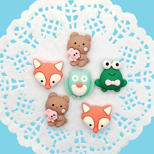 Mixed animal flatback resin cabochons: bear, fox, owl and frog.