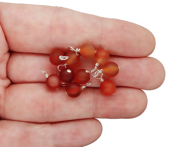 Matte Carnelian Agate 6mm Bead Charms, 5 - 10pc Natural Gemstone Dangles, Red & Orange Mix