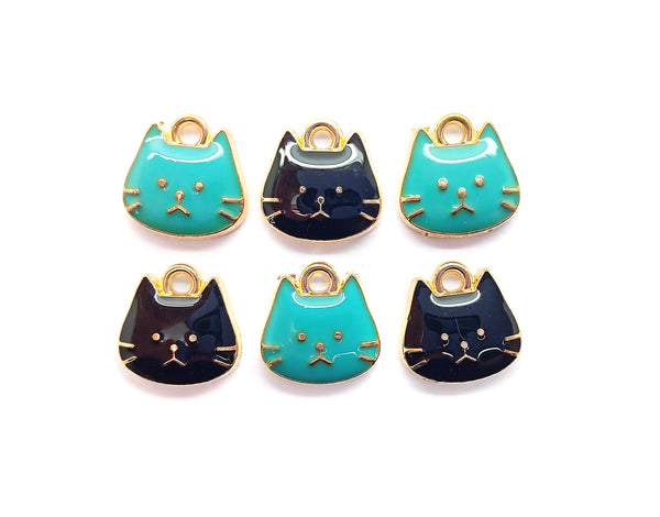 Cute Cat Charms, Turquoise and Black Kitten Charms
