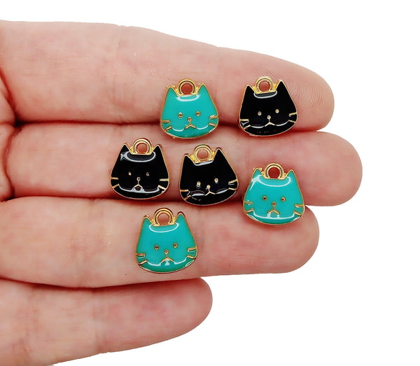 Cute Cat Charms, Turquoise and Black Kitten Charms