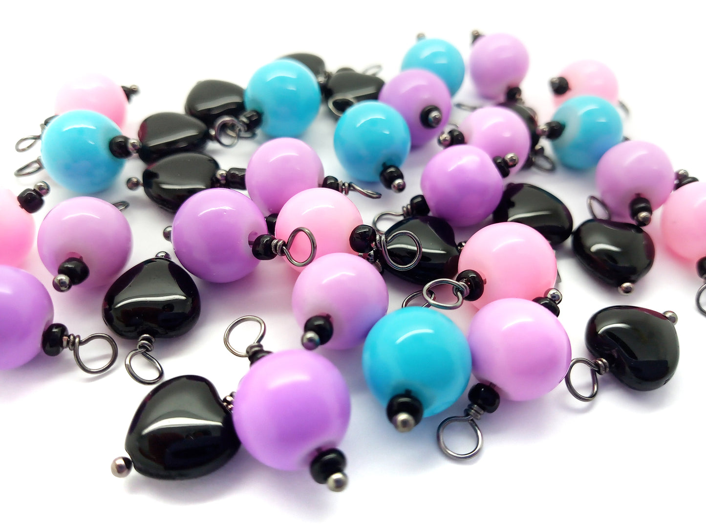 Black Hearts & Pastel Bead Charms, Creepy Cute Jewelry Supplies, Mix of 12 pieces