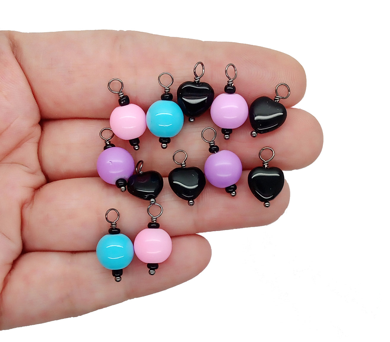 Black Hearts & Pastel Bead Charms, Creepy Cute Jewelry Supplies, Mix of 12 pieces