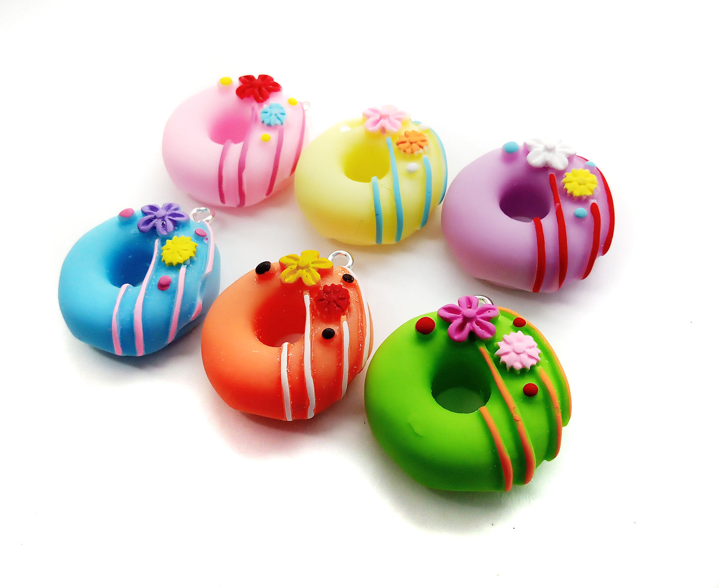 Decorated Donut Pendants, Cute Food Charms, Set of 6