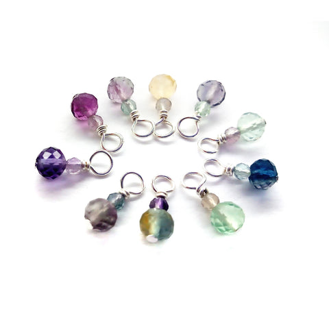 Rainbow Fluorite beads made into tiny, delicate dangle charms, with multicolored 2mm and 4mm microfacted beads.