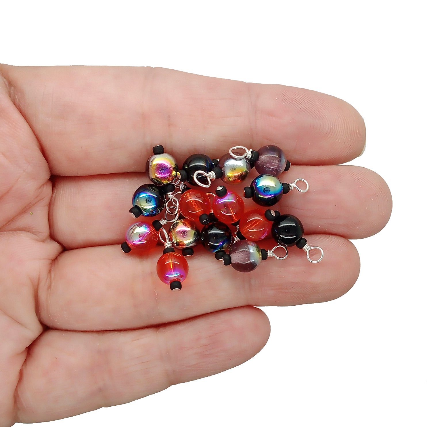 Glass Bead charm dangles in Halloween colors: black, orange and purple.