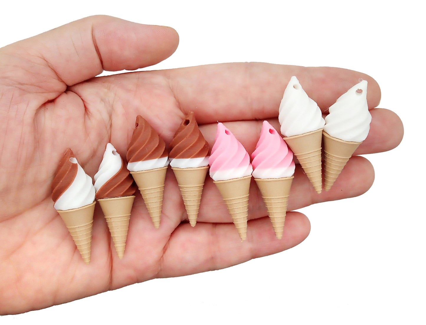 Ice Cream Pendants, 1.5 inch Chocolate Strawberry & Vanilla Dipped Cones, 8 pc