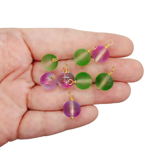 Purple & Green Glass Mini Ornaments, 8 Miniature Christmas Tree Baubles