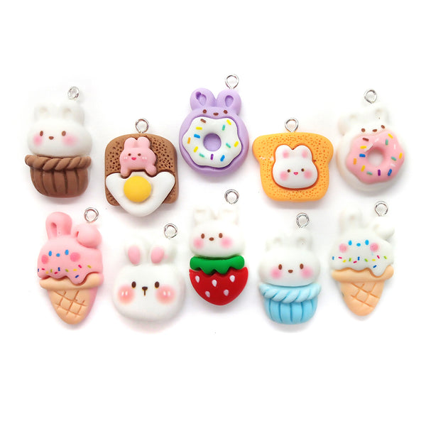Kawaii Bunny Rabbit Pendants, Cute Food Resin Cabochon Dessert Charms, Mix of styles and colors.