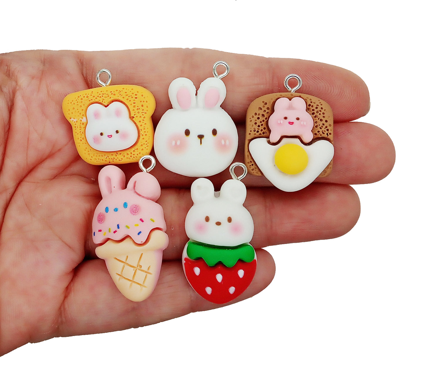 Cute Bunny Charms, 8 pieces, Kawaii Food & Rabbit Pendants