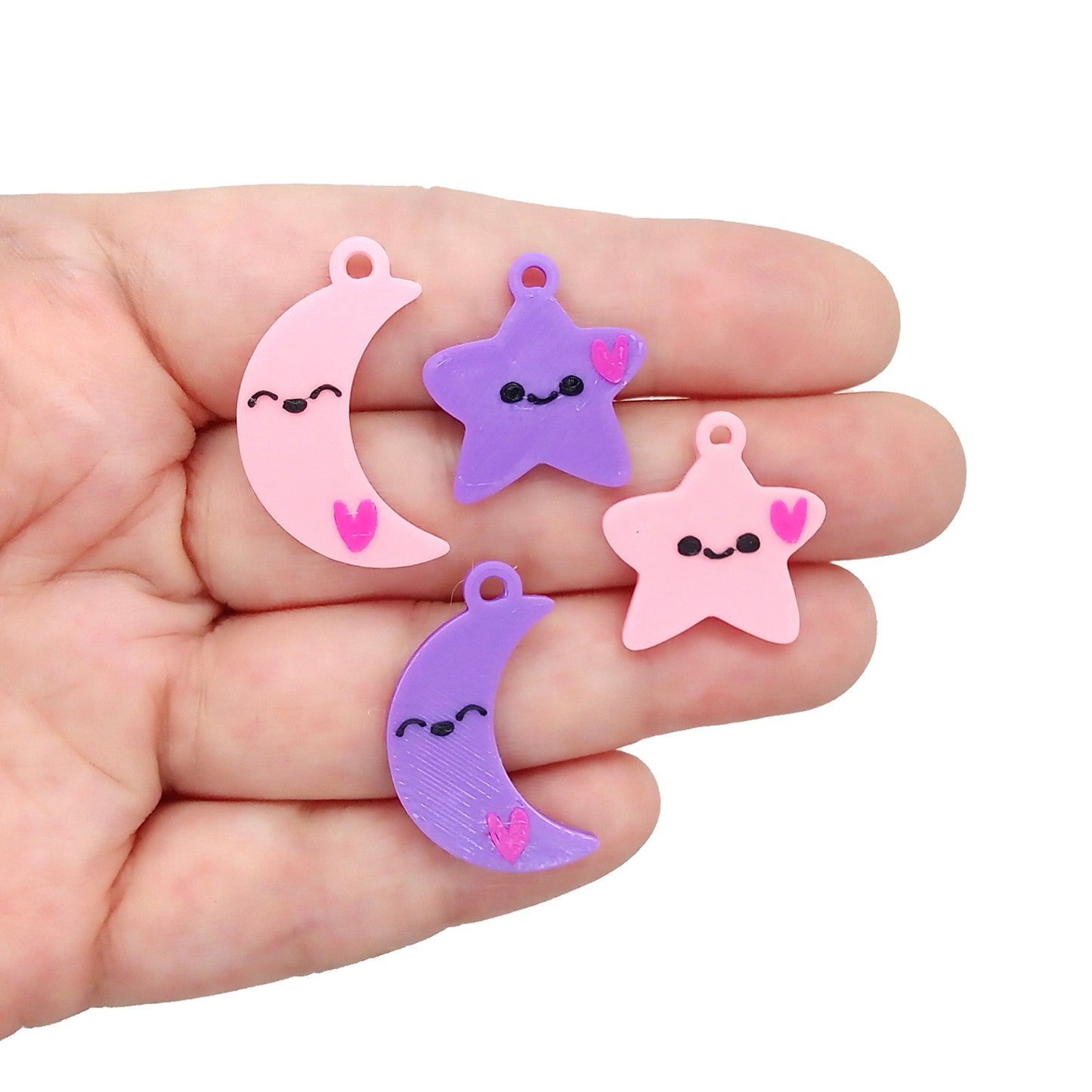 Kawaii Moon & Star Charms in Pink and Purple, 4 Matching Pairs