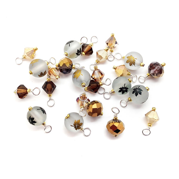 Beautiful Fall Leaf Bead Charms in Brown & Gold, with Crystal Dangles, 24 pieces