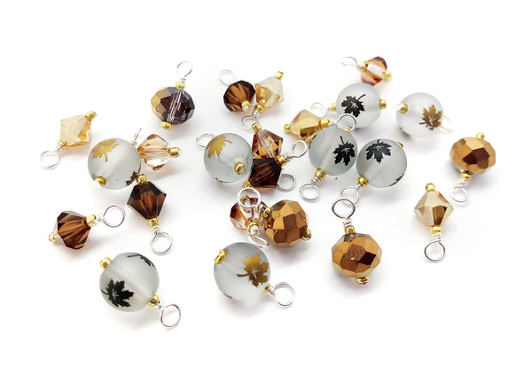 Beautiful Fall Leaf Bead Charms in Brown & Gold, with Crystal Dangles, 24 pieces