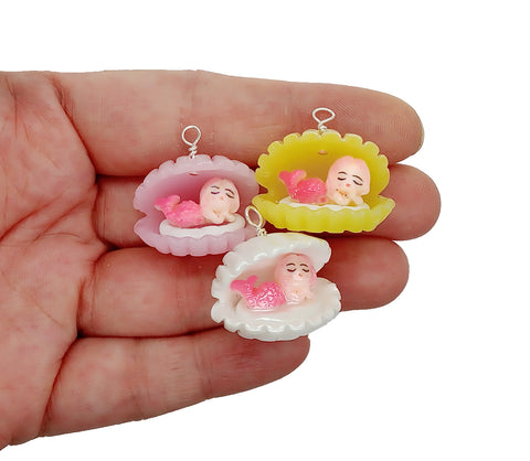 Mermaids in Shells Pendants, 5 Charms in Mixed Pastels