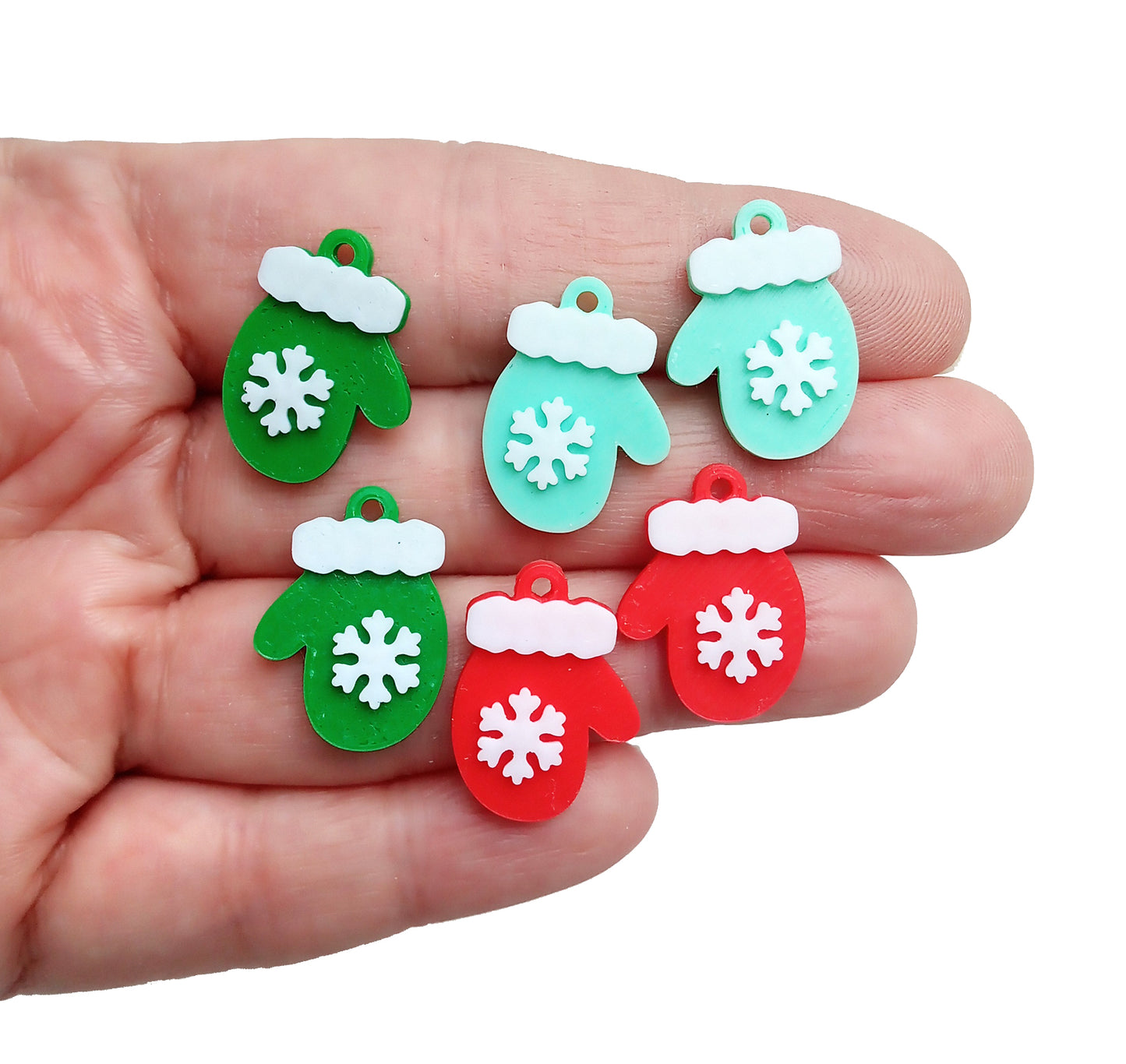 Christmas Mitten Charms, 6 pieces, Red Green & Mint Pairs