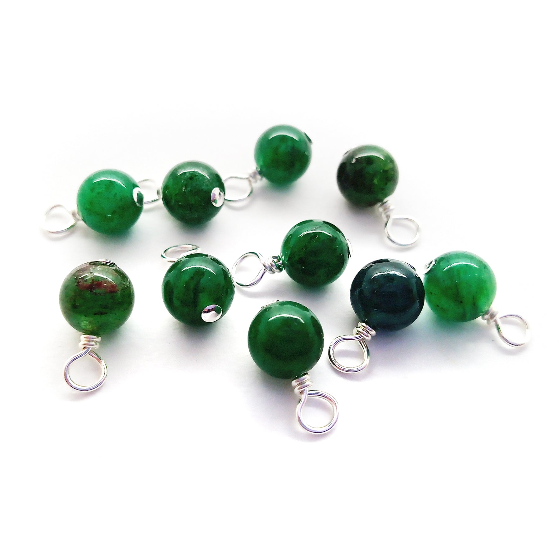Bright green muscovite charms made from 6mm round gemstone beads.