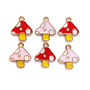 Pink and Red Mushroom Charms, Enamel on Gold Tone with white Polka Dots.