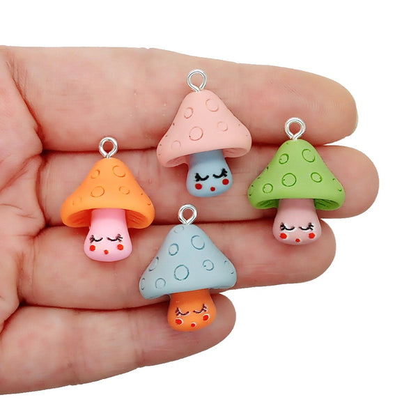 Kawaii Mushroom Charms made from Resin Flatback Cabochons, set of 6 charms in mixed colors.