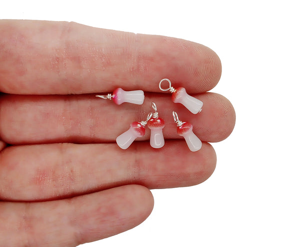 Tiny Mushroom Charms, Bead Dangles Made from Small Fly Agaric Glass Beads