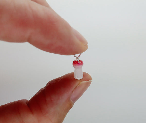 Tiny Mushroom Charms, Bead Dangles Made from Small Fly Agaric Glass Beads
