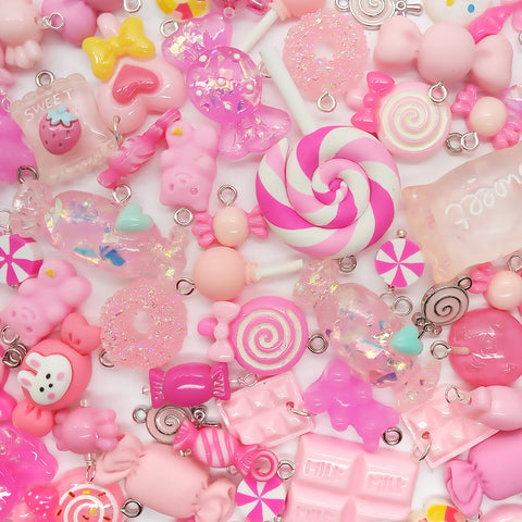 Pink Charms Mix, Kawaii Resin Cabochon Charm Grab Bag, 25 Pc Cute
