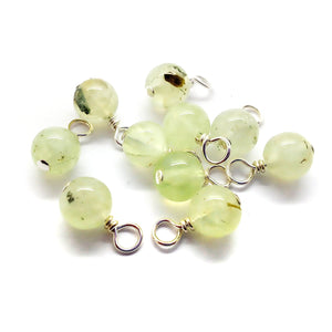 Prehnite 6mm bead charm dangles made from green gemstone and silver-plated wire.