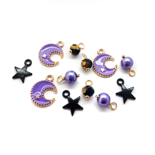 Purple Moon Charm Mix with Black Star Dangles, 12 pieces