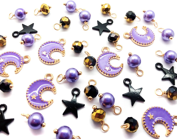 Purple Moon Charm Mix with Black Star Dangles, 12 pieces